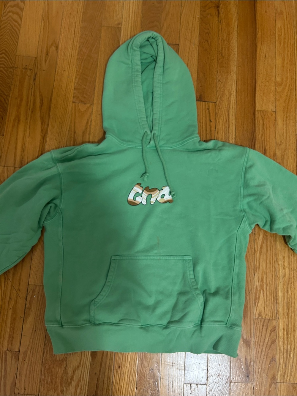 Green Aritzia TNA cozy fleece hoodie with 'TNA' bubble graphic